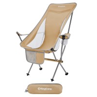 Kingcamp Lightweight Padded Highback Folding Lounge Chair With Cupholder, Side Storage Pocket, And Carry Bag For Indoor Or Outdoors, Khaki