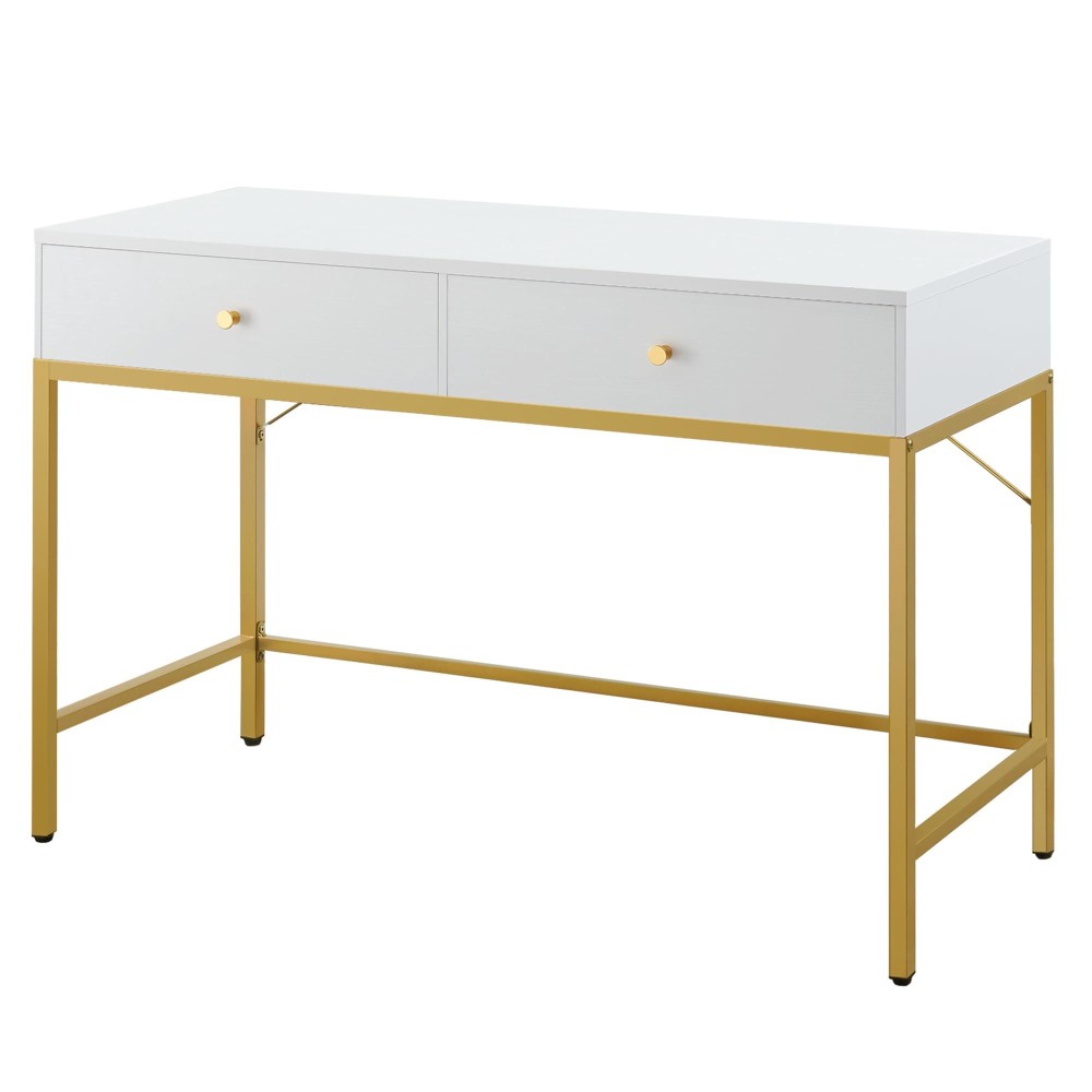 Superjare Vanity Desk With Drawers, 47 Inch Computer Desk, Modern Simple Home Office Desks, Makeup Dressing Table For Bedroom - White And Gold