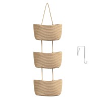 Teokj Over The Door Hanging Basket, 3-Tier Woven Cotton Wall-Mounted Storage Organizer Bag Decorative Hanging Kitchen Baskets - Jute