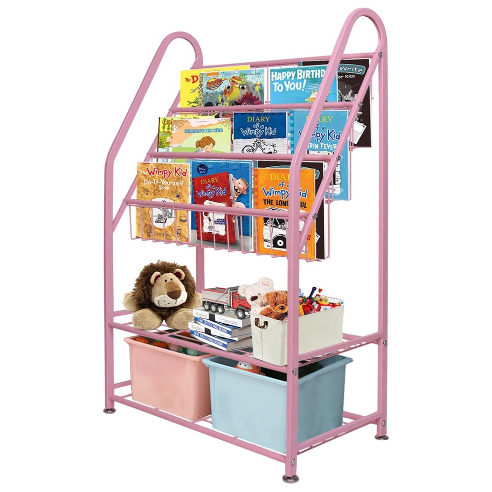 Aboxoo Children\'S Bookshelf Freestanding Corner Metal Bookcase 5-Tiers Pink 25 In For Kid\'S Room Storage Pink Girls Women Stable Bookcase Bookstore Living Bed Room Library Book For Small Place