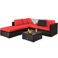 Tangkula 6 Piece Patio Furniture Set, Outdoor Deck Lawn Backyard Durable Steel Frame Pe Rattan Wicker Sectional Sofa Set, Conversation Set With Coffee Table (Red)