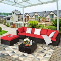 Tangkula 6 Piece Patio Furniture Set, Outdoor Deck Lawn Backyard Durable Steel Frame Pe Rattan Wicker Sectional Sofa Set, Conversation Set With Coffee Table (Red)