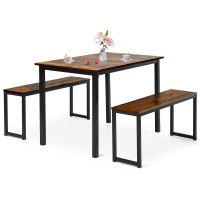 Costway 3 Pcs Dining Table Set For 4, Rectangular Kitchen Table With 2 Benches, Industrial Counter Height Table Set With Anti-Slip Pads, Heavy Duty Steel Frame For Dining Room, Kitchen, Bar (Coffee)