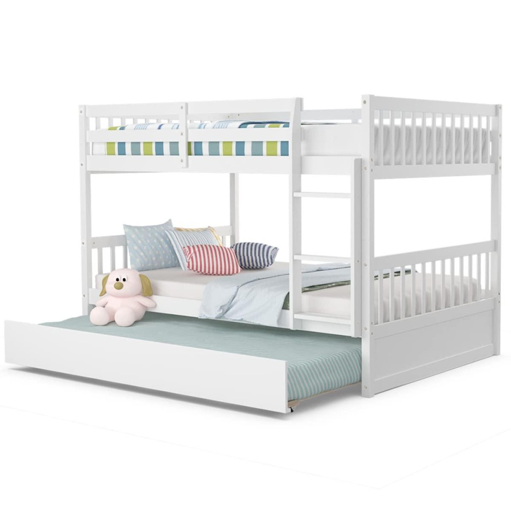 Kotek Bunk Bed With Trundle, Solid Wood Full Over Full Bunk Bed With Safety Guardrails And Ladder, No Box Spring Needed, Detachable Bunk Bed With Storage For Kids, Teens (White)