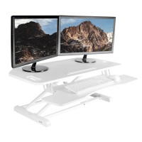 Vivo Extra Wide Corner Height Adjustable 38 Inch Stand Up Desk Converter, Sit Stand Tabletop Dual Monitor And Laptop Riser Workstation, White, Desk-V000Klw