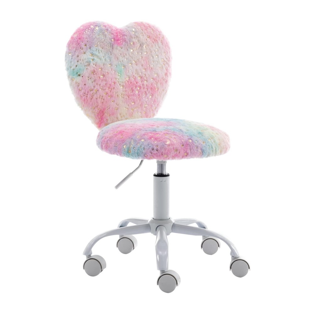 Chairus Kids Desk Chair Faux Fur Small Study Chair For Teenage Girls, Adjustable Heart Shaped Kids Vanity Chair For Bedroom Reading Living Room, Cute Student Task Chair With White Foot, Rainbow