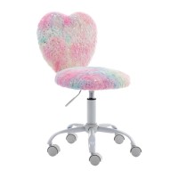 Chairus Kids Desk Chair Faux Fur Small Study Chair For Teenage Girls, Adjustable Heart Shaped Kids Vanity Chair For Bedroom Reading Living Room, Cute Student Task Chair With White Foot, Rainbow