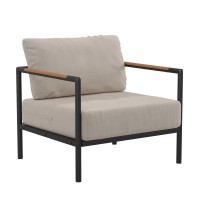 Indoor/Outdoor Patio Chair With Cushions - Modern Aluminum Framed Chair With Teak Accented Arms, Black With Beige Cushions