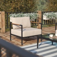 Indoor/Outdoor Patio Chair With Cushions - Modern Aluminum Framed Chair With Teak Accented Arms, Black With Beige Cushions