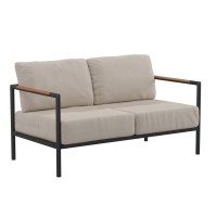 Indoor/Outdoor Patio Loveseat With Cushions-Modern Aluminum Framed Loveseat With Teak Accent Arms, Black With Beige Cushions