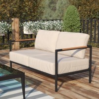 Indoor/Outdoor Patio Loveseat With Cushions-Modern Aluminum Framed Loveseat With Teak Accent Arms, Black With Beige Cushions