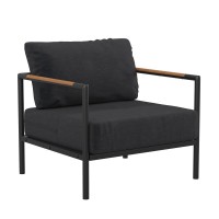 Indoor/Outdoor Patio Chair With Cushions - Modern Aluminum Framed Chair With Teak Accented Arms, Black With Charcoal Cushions