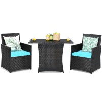 Tangkula 3 Pieces Patio Dining Set, Space-Saving Pe Rattan Bistro Set With Tempered Glass Top Table And Cushioned Chairs, Outdoor Conversation Set For Garden Backyard Poolside Porch (Turquoise)