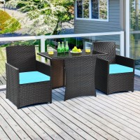 Tangkula 3 Pieces Patio Dining Set, Space-Saving Pe Rattan Bistro Set With Tempered Glass Top Table And Cushioned Chairs, Outdoor Conversation Set For Garden Backyard Poolside Porch (Turquoise)