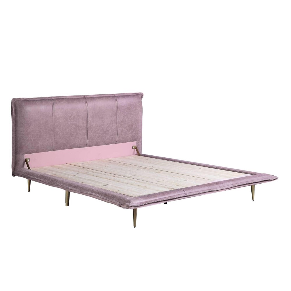Acme Metis Top Grain Leather Upholstered Queen Bed With Metal Legs In Pink