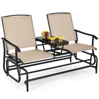 Tangkula 2 Person Swing Glider Chair, Patio Rocking Loveseat W/Center Tempered Glass Table, Outdoor Swing Bench W/Steel Frame & Breathable Mesh Fabric For Porch, Balcony, Poolside (Brown)