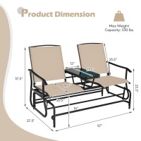 Tangkula 2 Person Swing Glider Chair, Patio Rocking Loveseat W/Center Tempered Glass Table, Outdoor Swing Bench W/Steel Frame & Breathable Mesh Fabric For Porch, Balcony, Poolside (Brown)