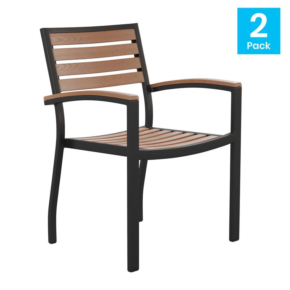 Outdoor Stackable Faux Teak Side Chair - Commercial Grade Black Aluminum Patio Chair With Synthetic Teak Slats - Set Of 2