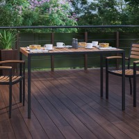 Outdoor Dining Table with Synthetic Teak Poly Slats 30 x 48 Steel Framed Restaurant Table with Umbrella Holder Hole