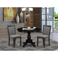 East West Furniture 3Piece Dining Table Set Contains a Dinner Table with Drop Leaves and 2 Dark Gotham Grey Linen Fabric Parson