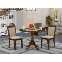 East West Furniture 3Piece Dining Room Set Includes a Wood Table with Drop Leaves and 2 Light Tan Linen Fabric Upholstered Chai