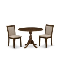 East West Furniture 3Piece Dining Room Set Includes a Wood Table with Drop Leaves and 2 Light Tan Linen Fabric Upholstered Chai