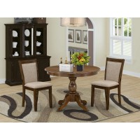 HBMZ3AWN04 3Pc Dining Room Set Contains a Pedestal Table and 2 Light Tan Kitchen Chairs Sand Blasting Antique Walnut Finish