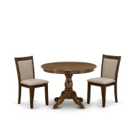 HBMZ3AWN04 3Pc Dining Room Set Contains a Pedestal Table and 2 Light Tan Kitchen Chairs Sand Blasting Antique Walnut Finish