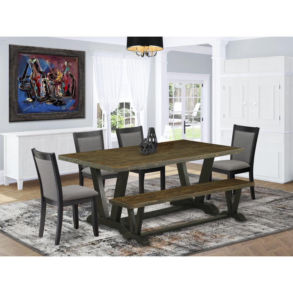 East West Furniture 6 Piece Table Set A Distressed Jacobean Top Dining Room Table with a Bench and 4 Dark Gotham Grey Linen Fa