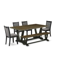 East West Furniture 6 Piece Table Set A Distressed Jacobean Top Dining Room Table with a Bench and 4 Dark Gotham Grey Linen Fa