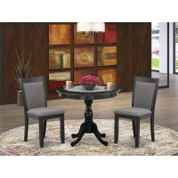 East West Furniture 3Piece Dining Set Consists of a Round Pedestal Table with Drop Leaves and 2 Dark Gotham Grey Linen Fabric D