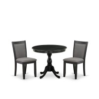 East West Furniture 3Piece Dining Set Consists of a Round Pedestal Table with Drop Leaves and 2 Dark Gotham Grey Linen Fabric D