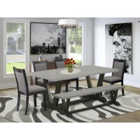 East West Furniture 6 Pc Dinner Table Set Cement Top Modern Dining Table with a Wooden Bench and 4 Dark Gotham Grey Linen Fabr