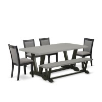 East West Furniture 6 Pc Dinner Table Set Cement Top Modern Dining Table with a Wooden Bench and 4 Dark Gotham Grey Linen Fabr