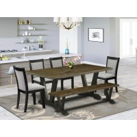 East West Furniture 6 Pc Dining Table Set Distressed Jacobean Top Dinner Table with a Bench and 4 Shitake Linen Fabric Parson