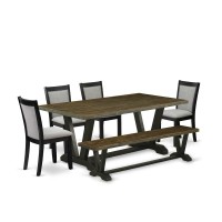 East West Furniture 6 Pc Dining Table Set Distressed Jacobean Top Dinner Table with a Bench and 4 Shitake Linen Fabric Parson