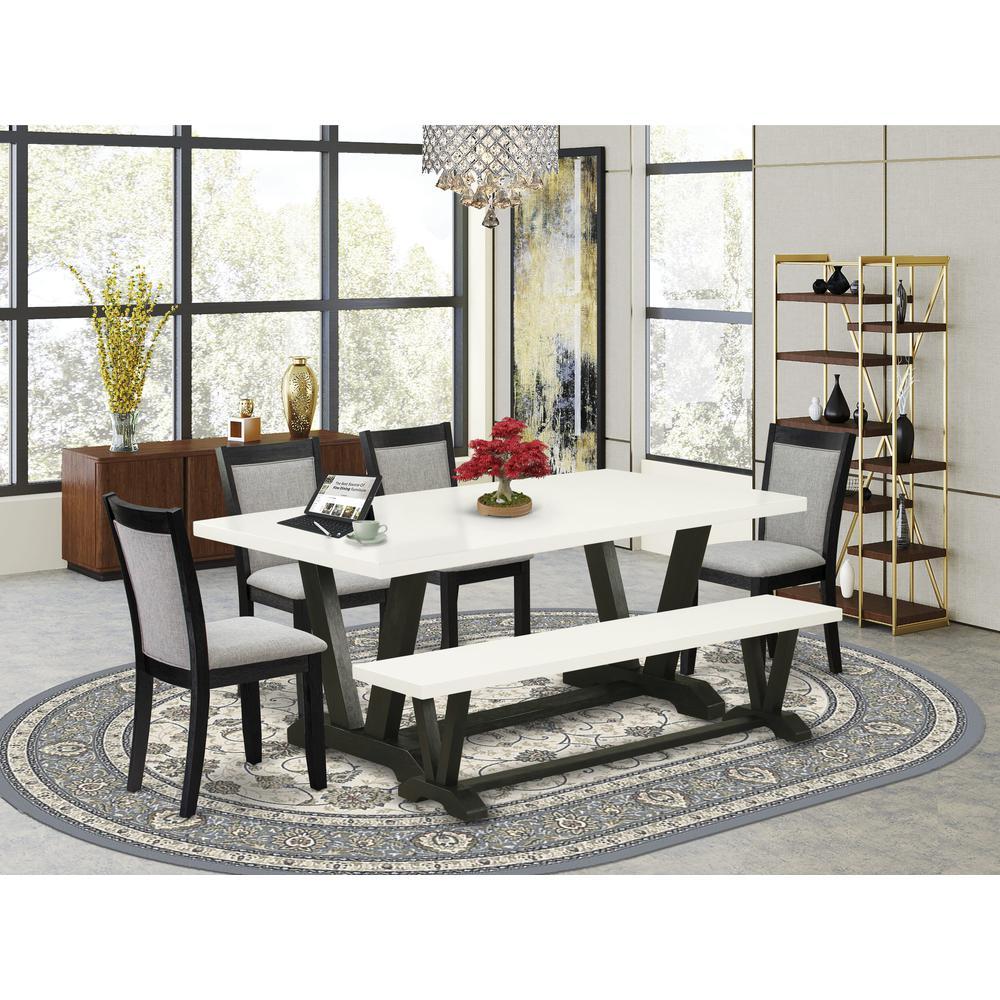 V627MZ6066 6 Pc Kitchen Table Set Linen White Table with Bench and 4 Shitake Dining Chairs Wire Brushed Black Finish