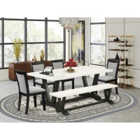 V627MZ6066 6 Pc Kitchen Table Set Linen White Table with Bench and 4 Shitake Dining Chairs Wire Brushed Black Finish