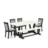 V627MZ6066 6 Pc Kitchen Table Set Linen White Table with Bench and 4 Shitake Dining Chairs Wire Brushed Black Finish