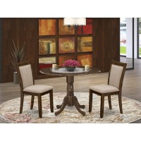 East West Furniture 3Piece Dining Room Set Consists of a Pedestal Table with Drop Leaves and 2 Light Tan Linen Fabric Dining Ch