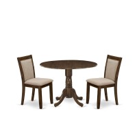 East West Furniture 3Piece Dining Room Set Consists of a Pedestal Table with Drop Leaves and 2 Light Tan Linen Fabric Dining Ch