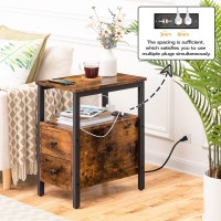 Hoobro End Table With Charging Station Narrow Side Table With 2 Drawer Power Outlets Nightstand Small Spaces Rustic Brown A