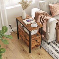 Hoobro End Table With Charging Station Narrow Side Table With 2 Drawer Power Outlets Nightstand Small Spaces Rustic Brown A