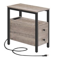 Hoobro End Table With Charging Station Narrow Side Table With 2 Drawers Usb Ports Power Outlets Nightstand For Small Space