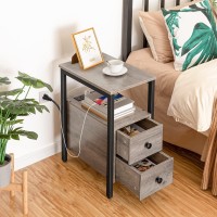 Hoobro End Table With Charging Station Narrow Side Table With 2 Drawers Usb Ports Power Outlets Nightstand For Small Space