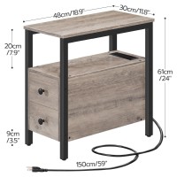 Hoobro End Table With Charging Station Narrow Side Table With 2 Drawers Usb Ports Power Outlets Nightstand For Small Space