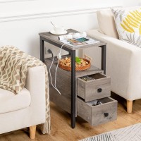 Hoobro End Table With Charging Station Narrow Side Table With 2 Drawers Usb Ports Power Outlets Nightstand For Small Space