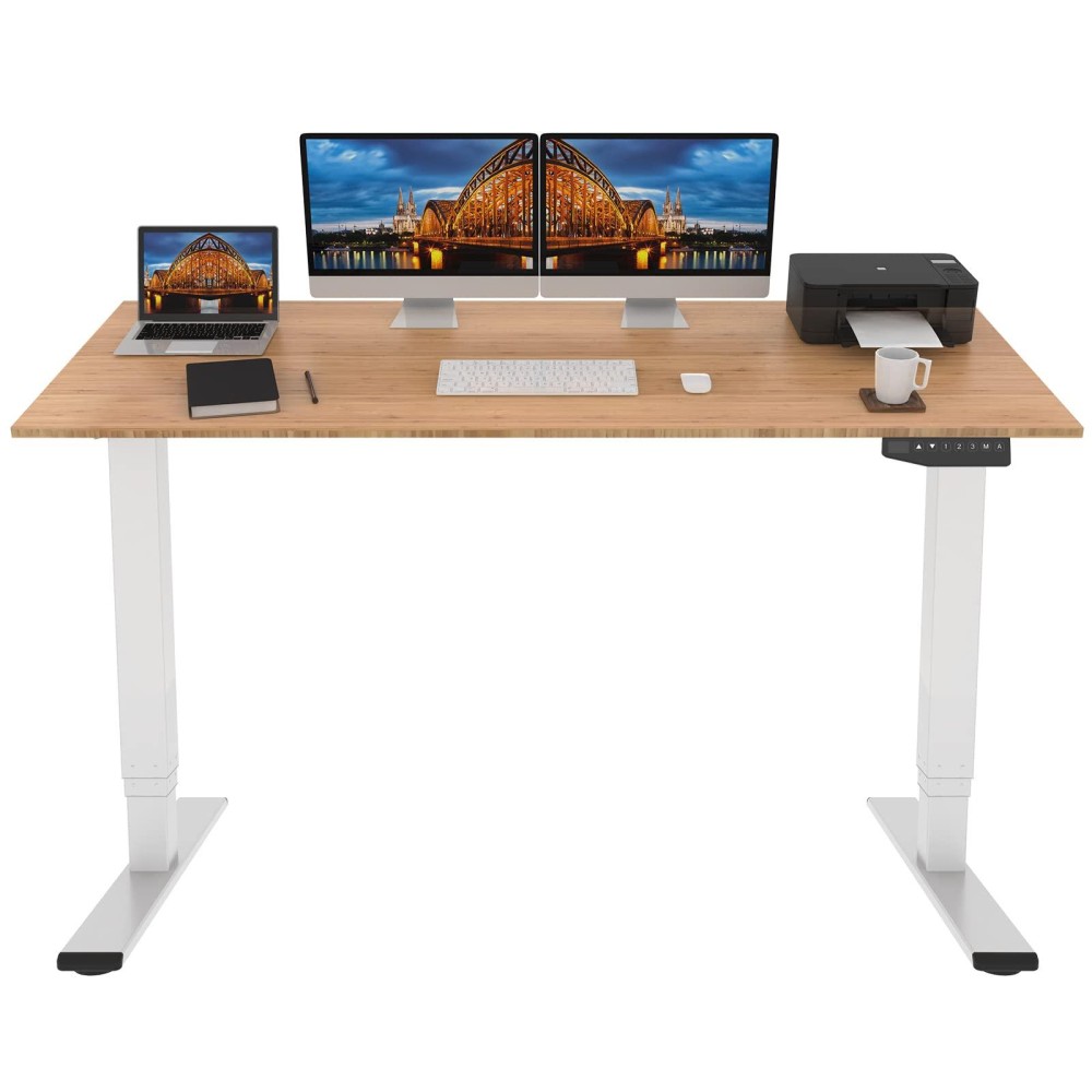 Flexispot Pro Bamboo 3 Stages Dual Motor Electric Standing Desk 72X30 Inch Bamboo Whole-Piece Board Height Adjustable Desk Electric Stand Up Desk Sit Stand Desk(White Frame + Bamboo Desktop)