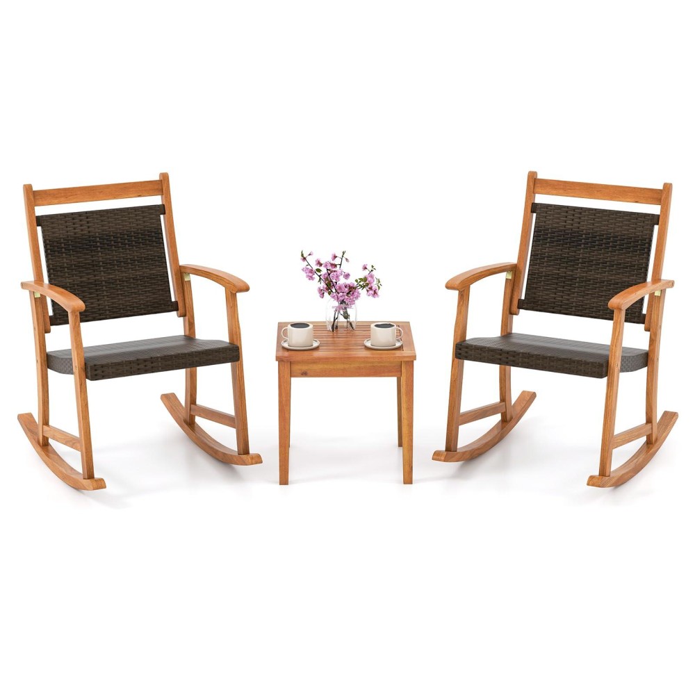 Tangkula 3 Pieces Patio Rocking Chair Set, Patiojoy Acacia Wood Rocker With Side Table, Outdoor Chairs With Wicker Rattan Seat & Backrest, Patio Bistro Set For Garden, Backyard, Poolside