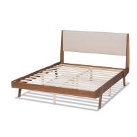 Baxton Studio Senna Mid-Century Modern Beige Fabric Upholstered and Walnut Brown Finished Wood Full Size Platform Bed